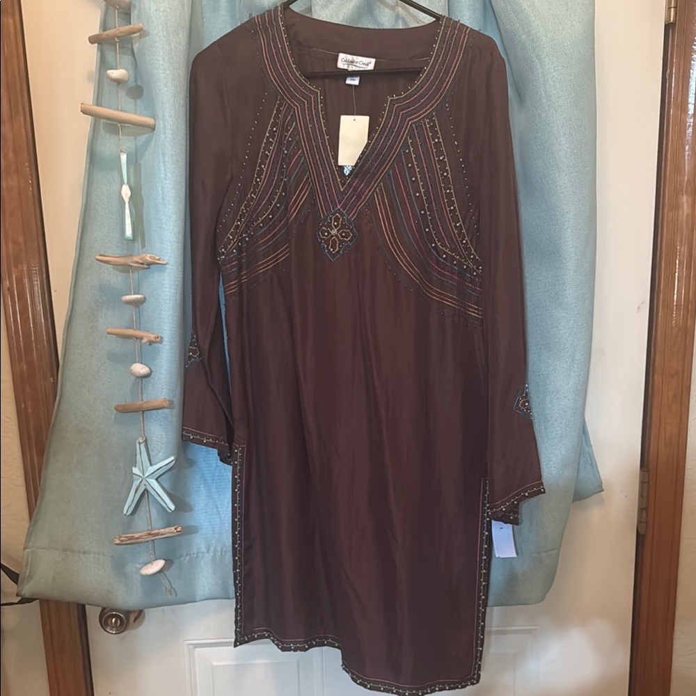 Coldwater Creek Brown Long Sleeve Dress with Embroidery